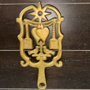 Vintage Brass Trivet | Hearth Stand | Pot Holder | Heart Birds Sun Symbol
